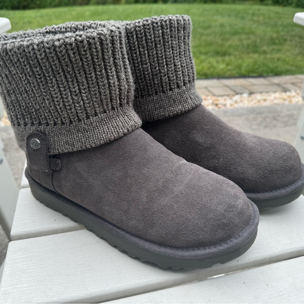 UGG Salea Cuffed Gray Knit Suede Boots